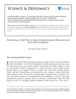 Preventing a Cold War in Space Using European Research and Innovation Programs” Science & Diplomacy, Vol
