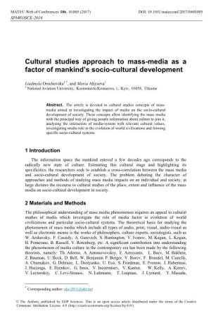 Cultural Studies Approach to Mass-Media As a Factor of Mankind’S Socio-Cultural Development