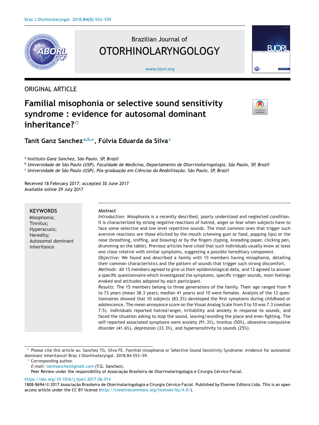 Familial Misophonia Or Selective Sound Sensitivity Syndrome: Evidence for Autosomal