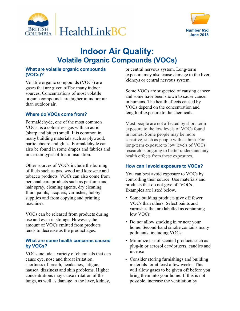 Indoor Air Quality: Volatile Organic Compounds (Vocs) What Are Volatile Organic Compounds Or Central Nervous System