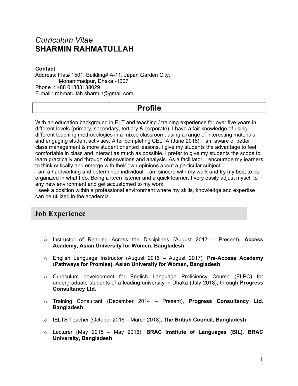 Curriculum Vitae SHARMIN RAHMATULLAH