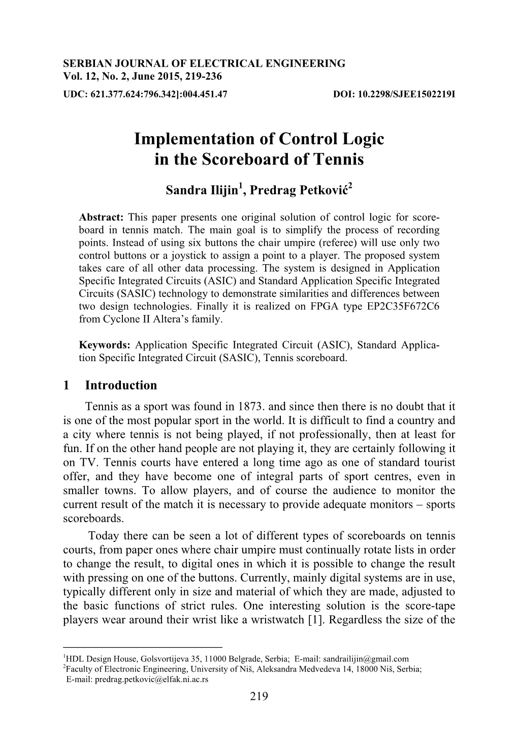 Implementation of Control Logic in the Scoreboard of Tennis