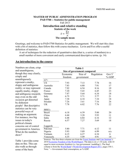 Statistics for Public Management Fall 2013 Introduction and Relative Standing Statistic of the Week