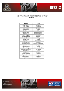 2009 Afl (Nsw/Act) Under-15 State Zone Trials Team List