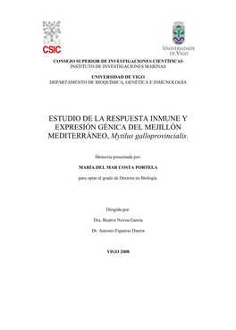 ESTUDIO DE LA RESPUESTA INMUNE Y EXPRESIÓN GÉNICA DEL MEJILLÓN MEDITERRÁNEO, Mytilus Galloprovincialis