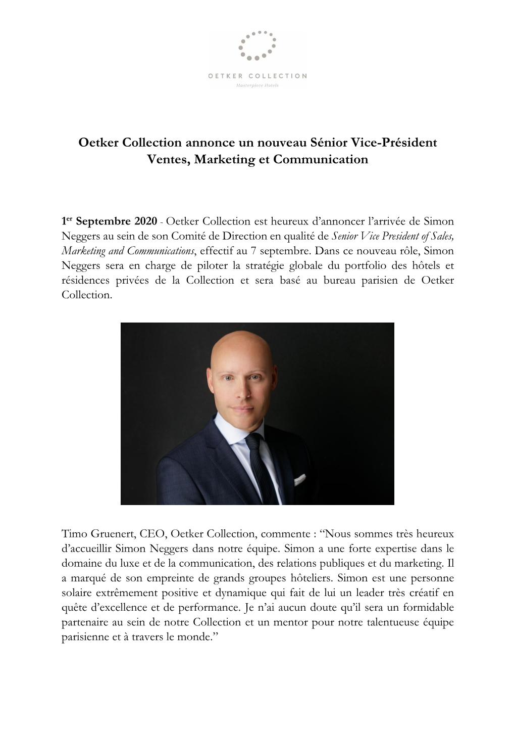 Oetker Collection Annonce Un Nouveau Sénior Vice-Président Ventes, Marketing Et Communication