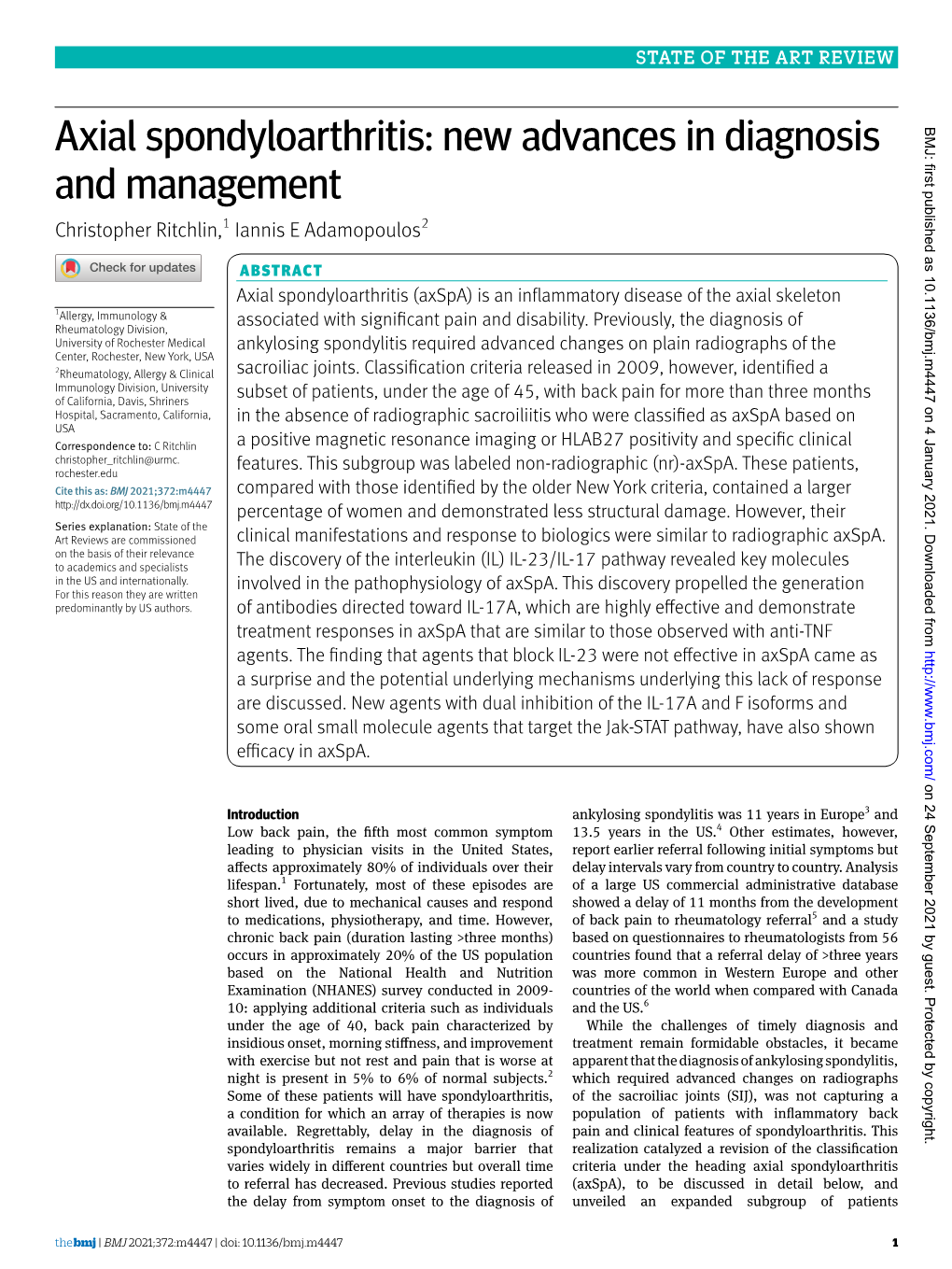 Axial Spondyloarthritis: New Advances in Diagnosis and Management