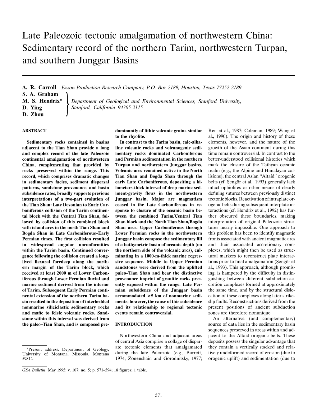 Late Paleozoic Tectonic Amalgamation of Northwestern China: Sedimentary Record of the Northern Tarim, Northwestern Turpan, and Southern Junggar Basins