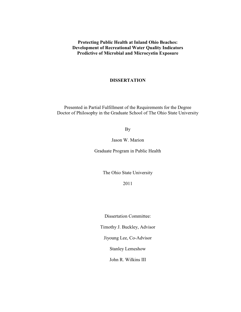 Protecting Public Health at Inland Ohio Beaches: Development of Recreational Water Quality Indicators Predictive of Microbial and Microcystin Exposure