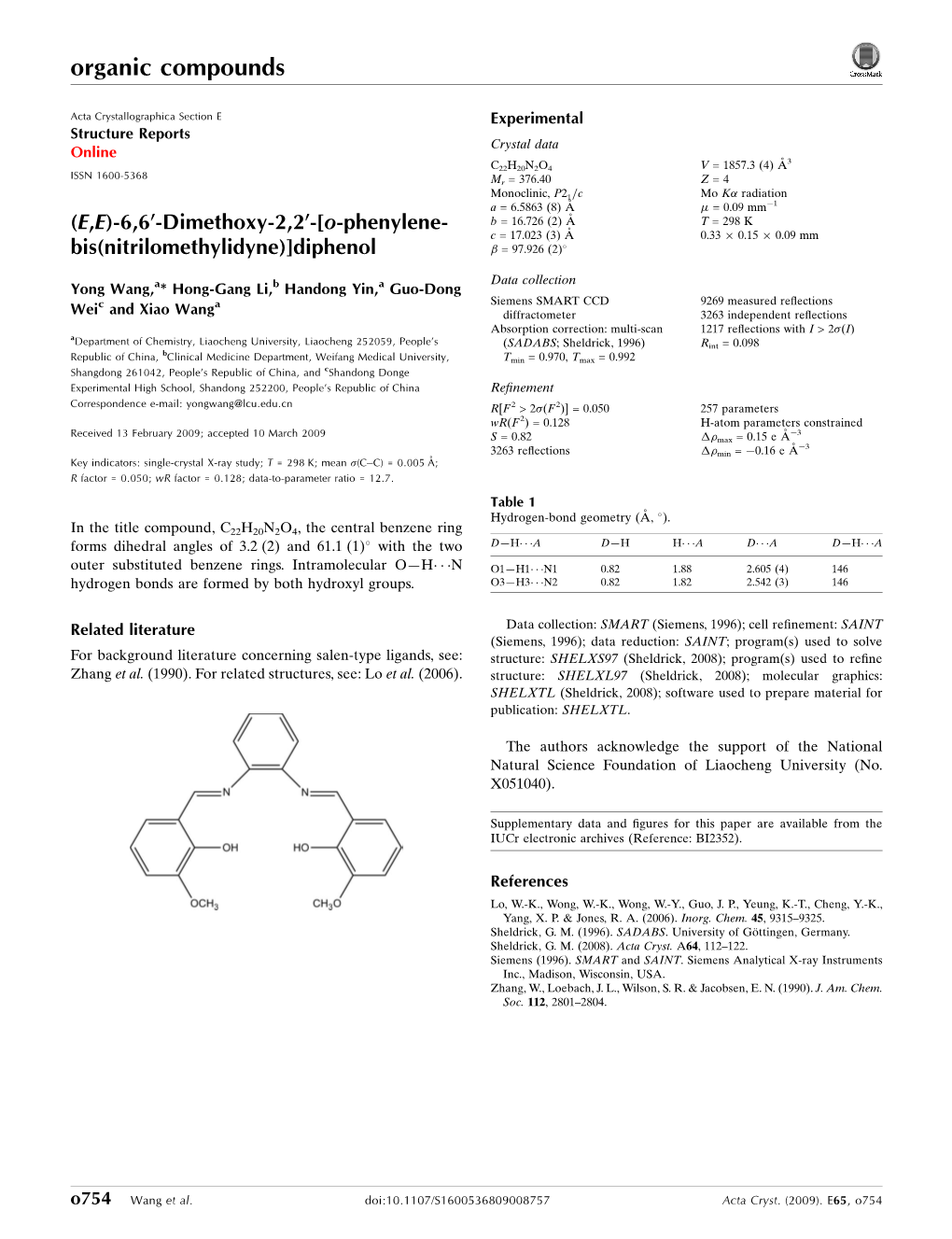 (E, E)-6, 6′-Dimethoxy-2, 2′-[O-Phenylenebis (Nitrilomethylidyne