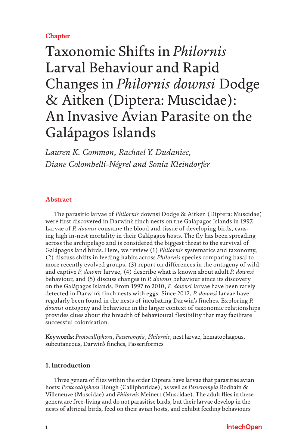 (Diptera: Muscidae): an Invasive Avian Parasite on the Galápagos Islands Lauren K