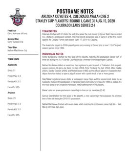 Postgame Notes Arizona Coyotes 4, Colorado Avalanche 2 Stanley Cup Playoffs | Round 1, Game 3 | Aug