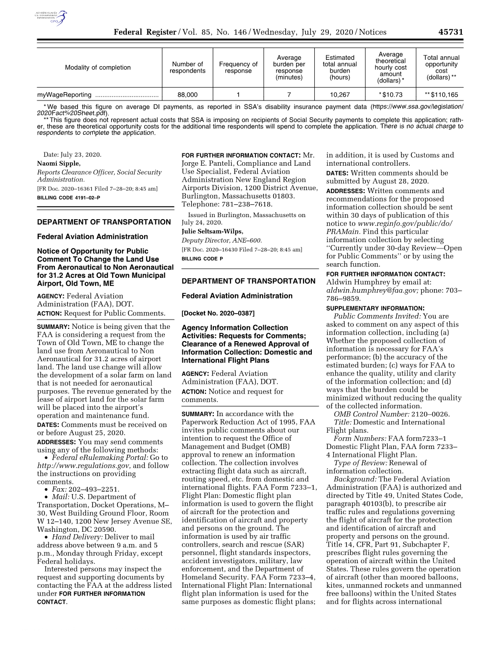 Federal Register/Vol. 85, No. 146/Wednesday, July 29, 2020