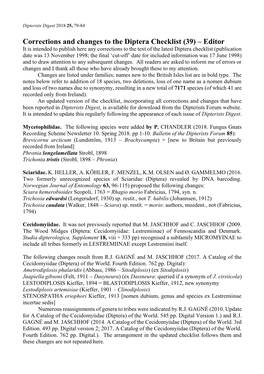 Corrections and Changes to the Diptera Checklist