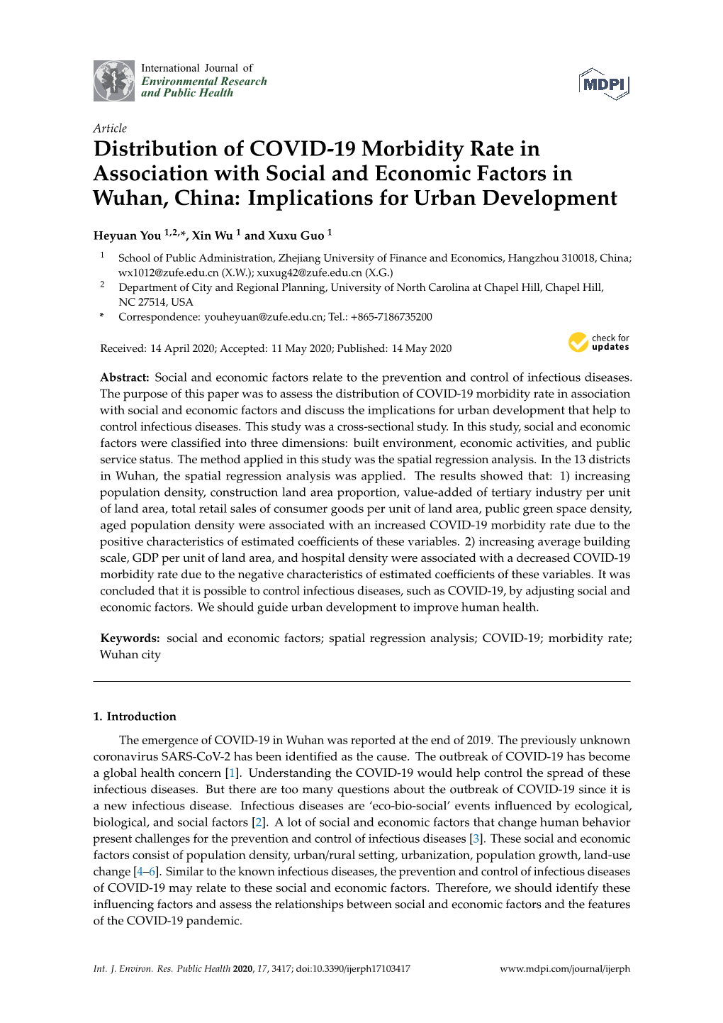 Distribution of COVID-19 Morbidity Rate in Association with Social and Economic Factors in Wuhan, China: Implications for Urban Development