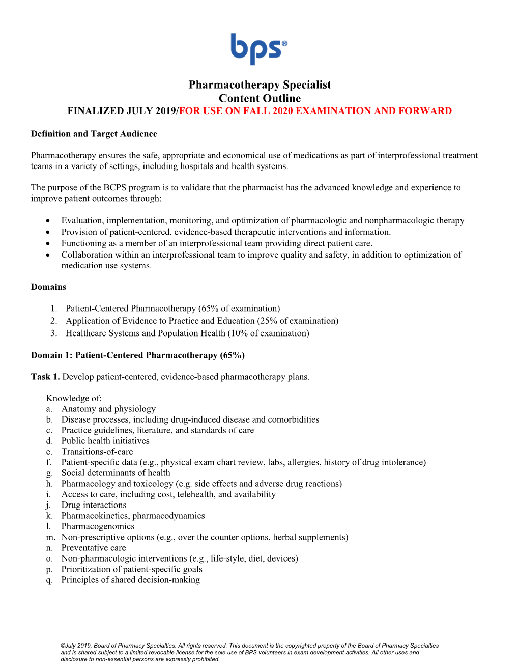 Pharmacotherapy Specialist Content Outline FINALIZED JULY 2019/FOR USE on FALL 2020 EXAMINATION and FORWARD