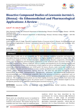 Henna) –Its Ethnomedicinal and Pharmacological Applications: a Review