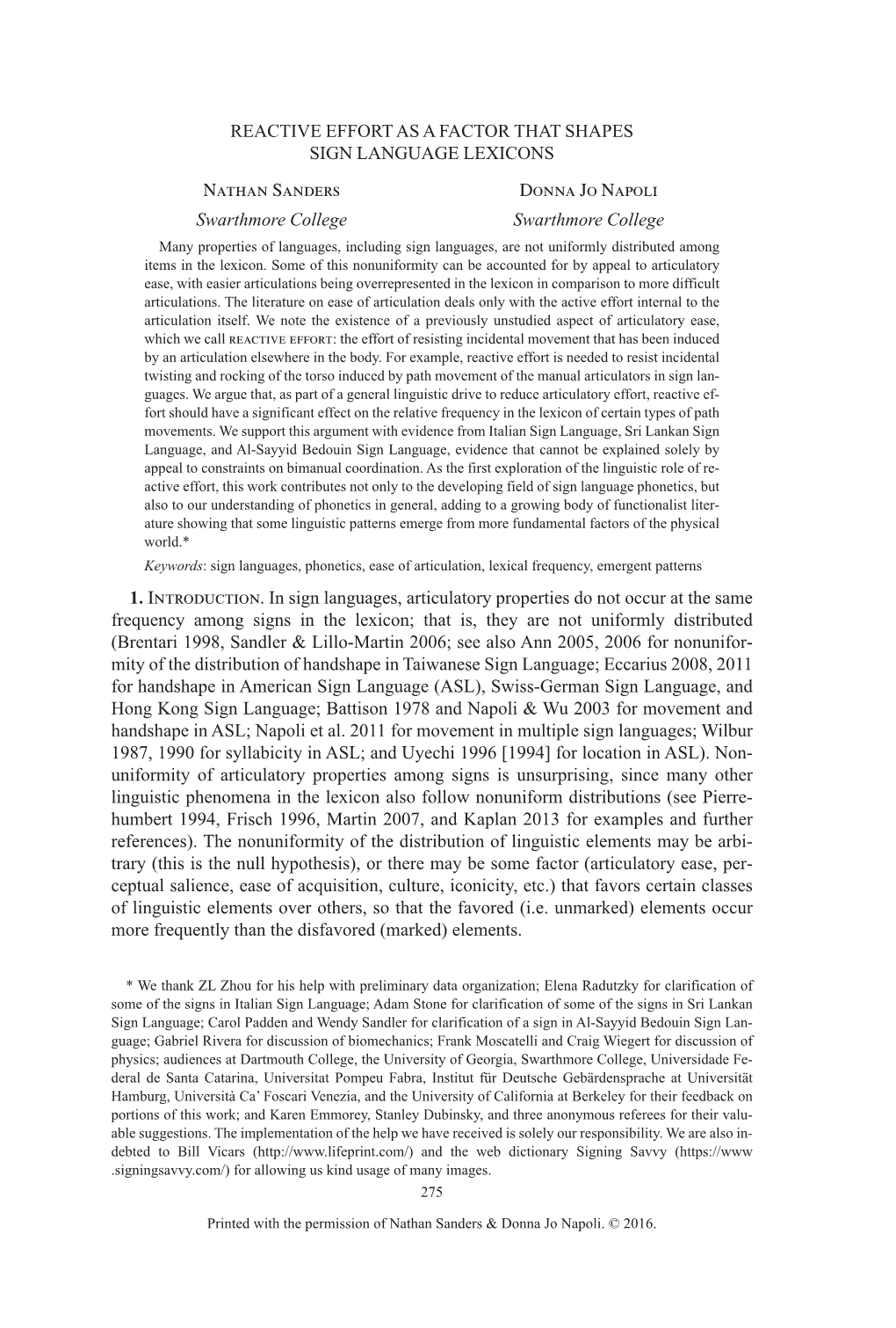 REACTIVE EFFORT AS a FACTOR THAT SHAPES SIGN LANGUAGE LEXICONS Nathan Sanders Donna Jo Napoli
