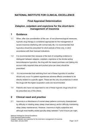 Final Appraisal Determination: Zaleplon, Zolpidem and Zopiclone