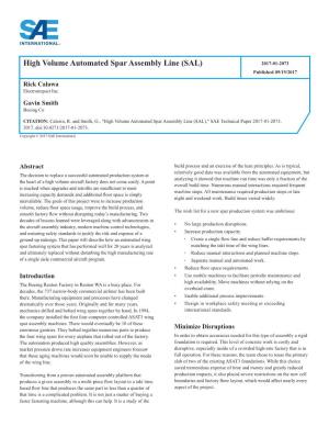 High Volume Automated Spar Assembly Line (SAL) 2017-01-2073 Published 09/19/2017
