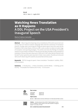 Watching News Translation As It Happens a DDL Project on the USA President’S Inaugural Speech Maria Cristina Caimotto Università Degli Studi Di Torino, Italia