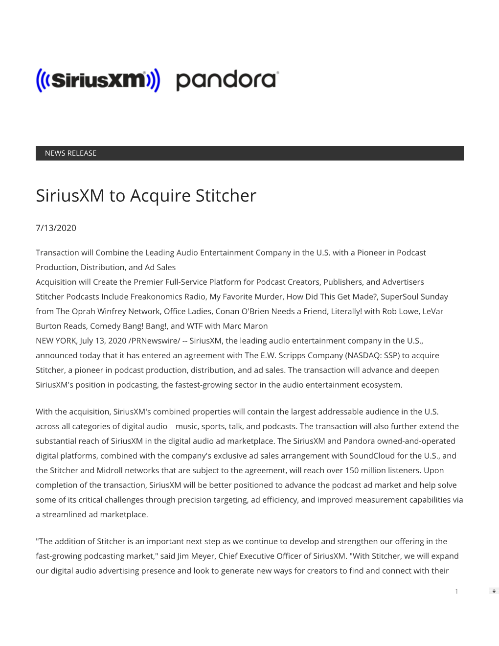Siriusxm to Acquire Stitcher
