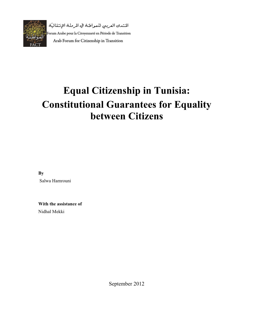 Equal Citizenship in Tunisia: Constitutional Guarantees for Equality Between Citizens