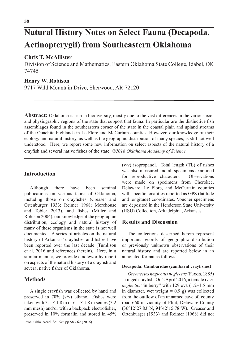 Natural History Notes on Select Fauna (Decapoda, Actinopterygii) from Southeastern Oklahoma Chris T