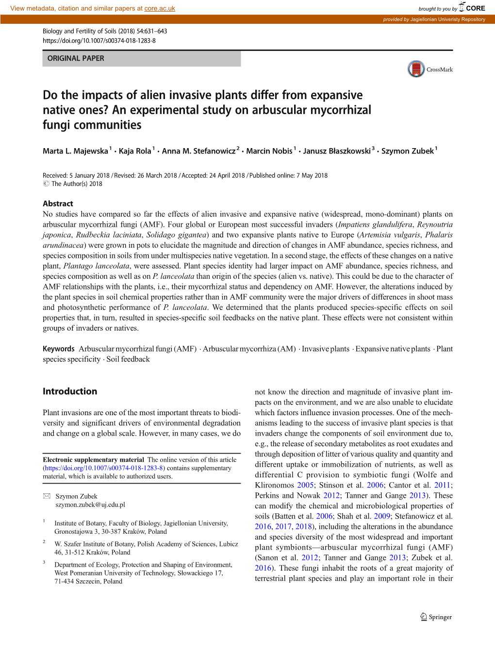 Do the Impacts of Alien Invasive Plants Differ from Expansive Native Ones? an Experimental Study on Arbuscular Mycorrhizal Fungi Communities