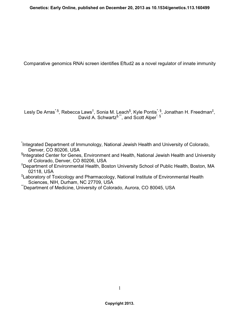 1 Comparative Genomics Rnai Screen Identifies Eftud2 As A