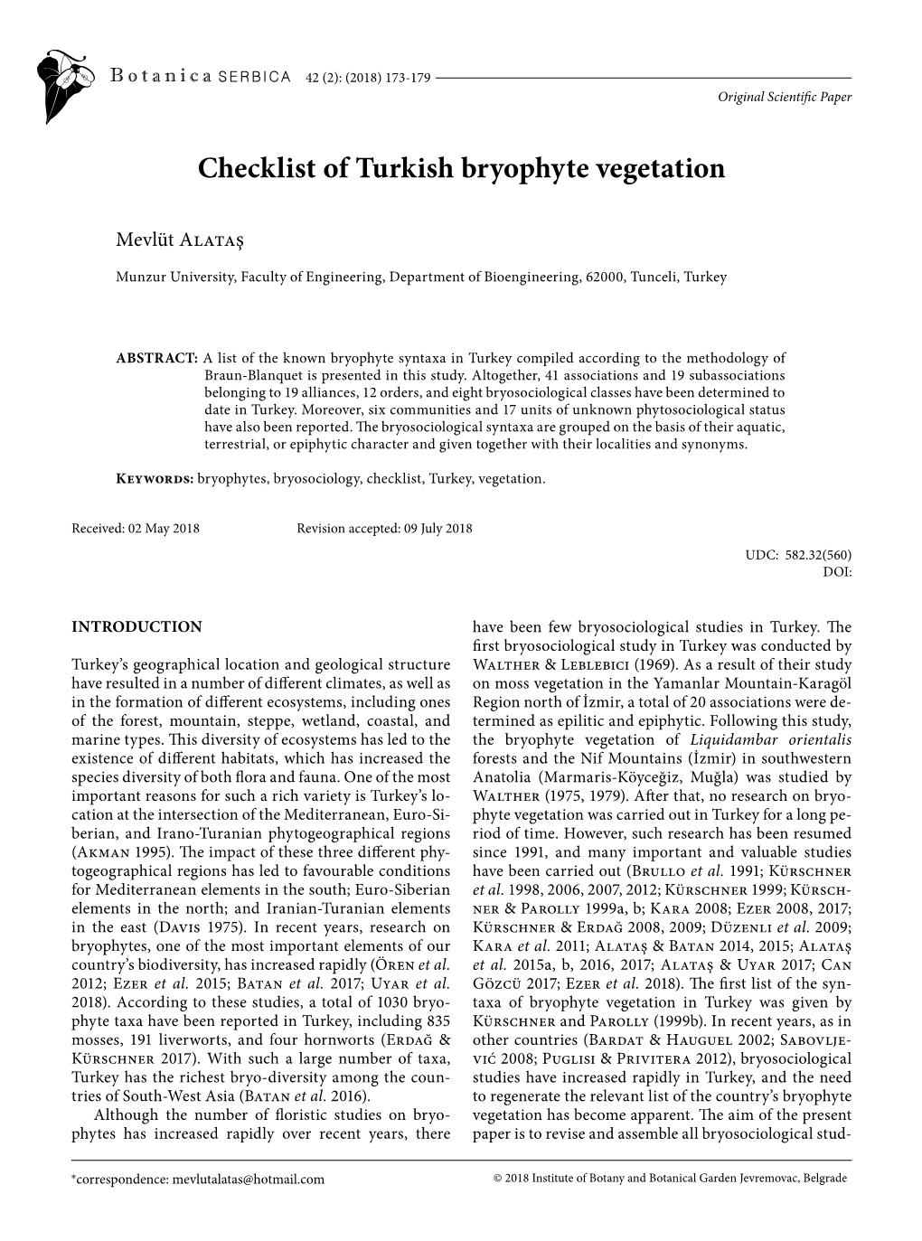 Checklist of Turkish Bryophyte Vegetation