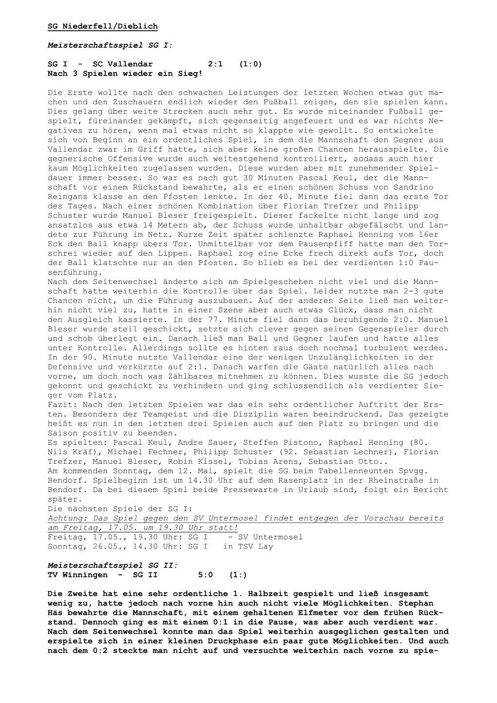 SG Niederfell/Dieblich Meisterschaftsspiel SG I: SG I