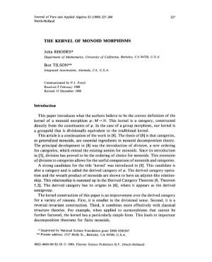 THE KERNEL of MONOID MORPHISMS Introduction