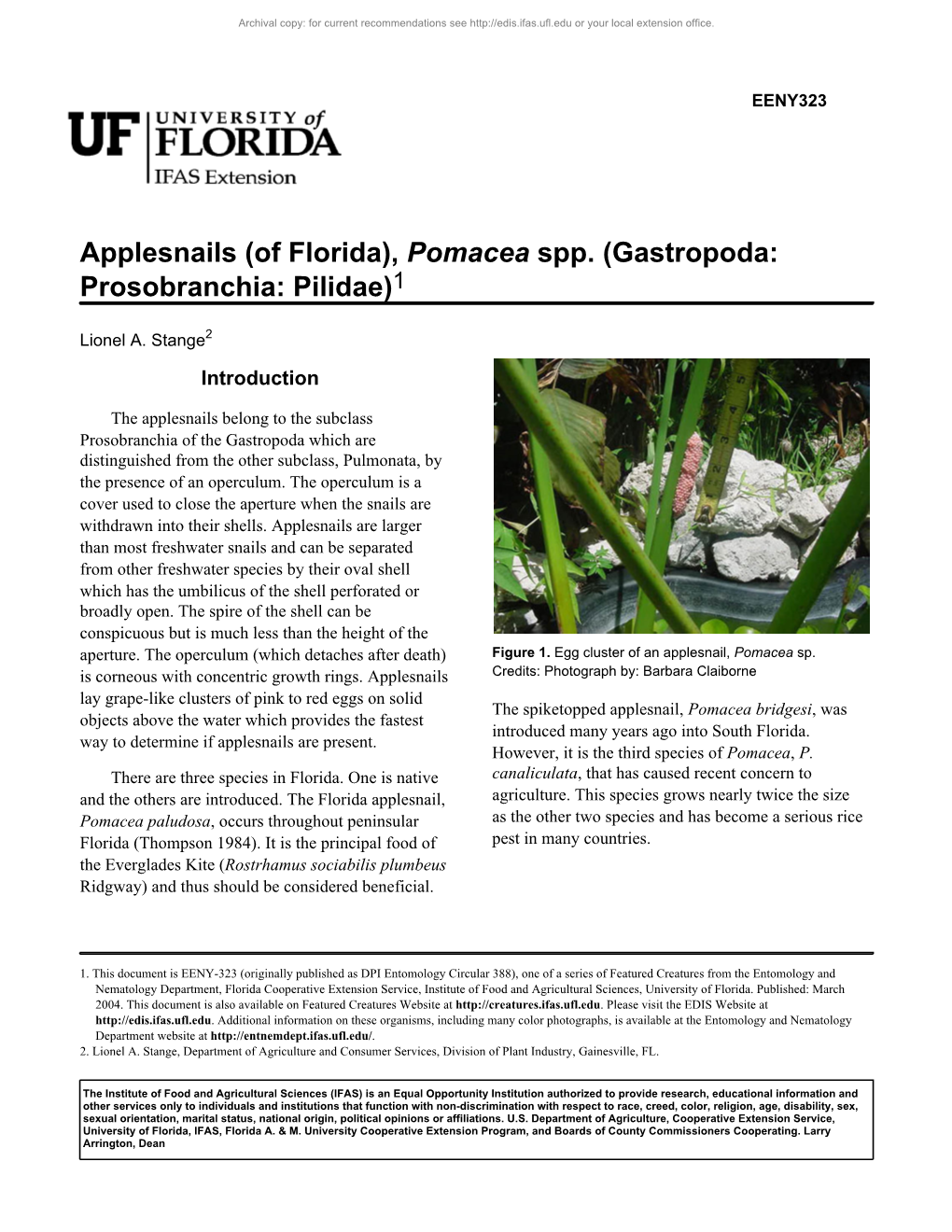 (Of Florida), Pomacea Spp. (Gastropoda: Prosobranchia: Pilidae)1