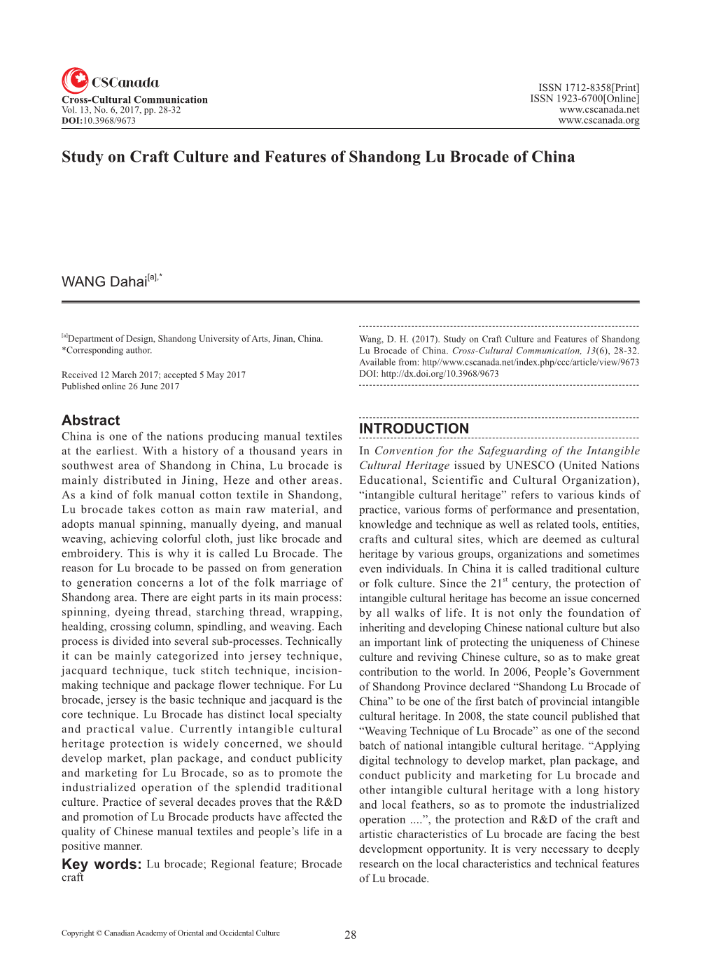 Study on Craft Culture and Features of Shandong Lu Brocade of China