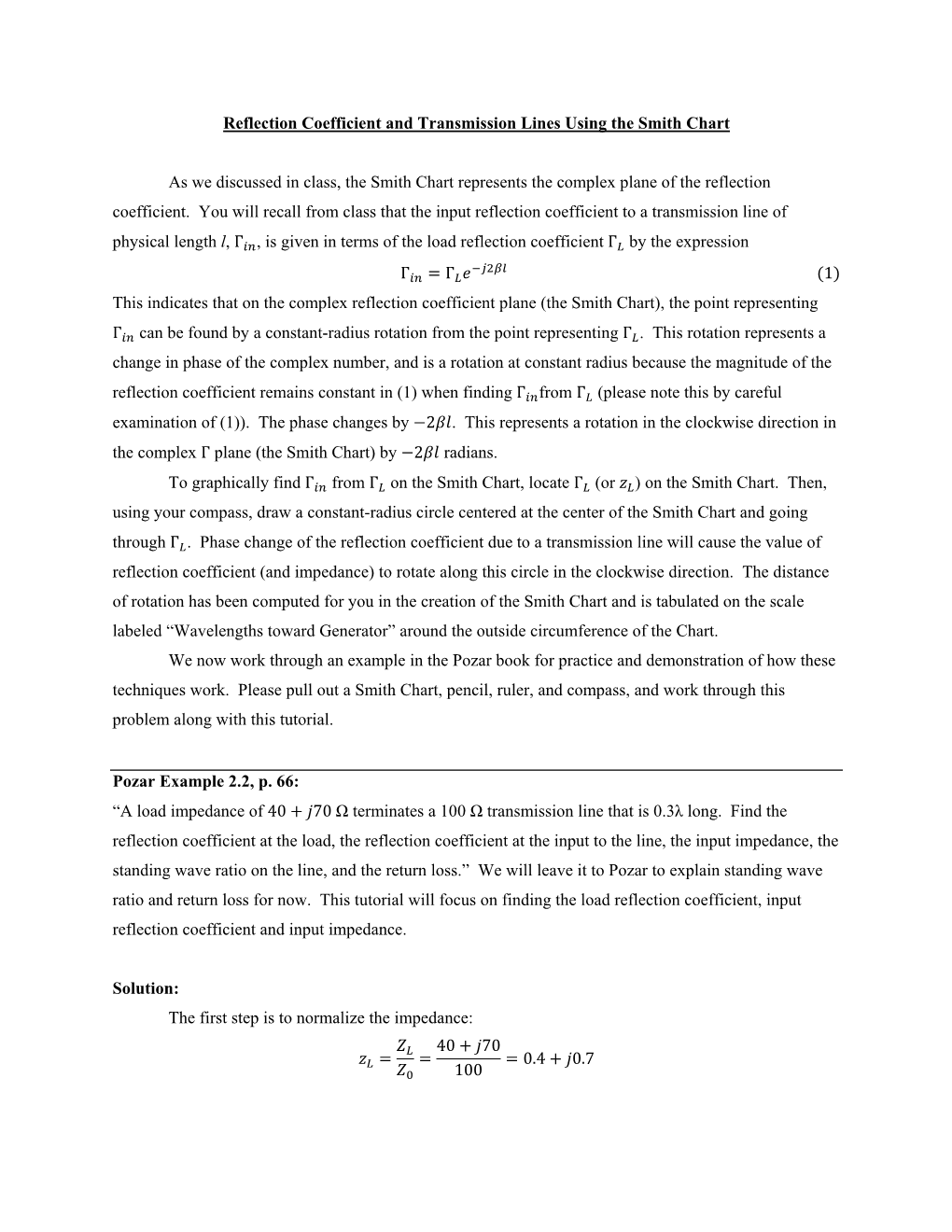 Reflection Coefficient and Transmission Lines Using the Smith Chart