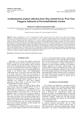 Acclimatization of Plant Collection from Moyo Island Forest, West Nusa Tenggara, Indonesia at Purwodadi Botanic Garden