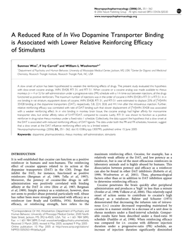 A Reduced Rate of in Vivo Dopamine Transporter Binding Is Associated with Lower Relative Reinforcing Efficacy of Stimulants
