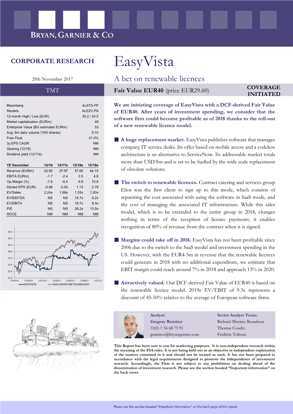 Easyvista 29Th November 2017 a Bet on Renewable Licences TMT Fair Value EUR40 (Price EUR29.60) COVERAGE INITIATED