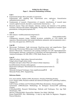 M.Phil/ Pre Ph. D Botany Paper I : Research Methodology in Botany