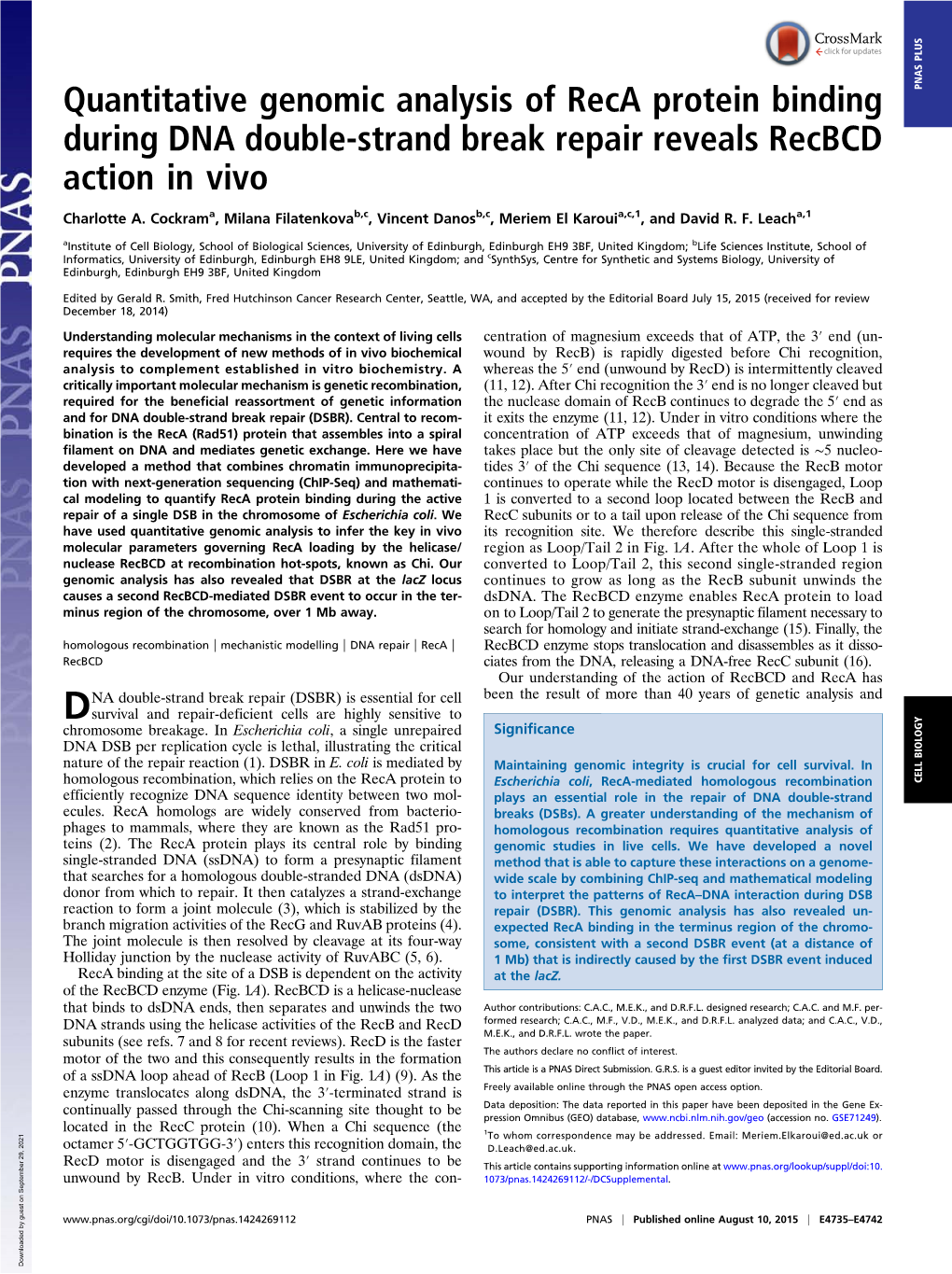 Quantitative Genomic Analysis of Reca Protein Binding During