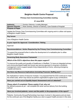 Beighton Health Centre Proposal E Primary Care Commissioning Committee Meeting