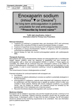 Enoxaparin Prescribing Information Sheet