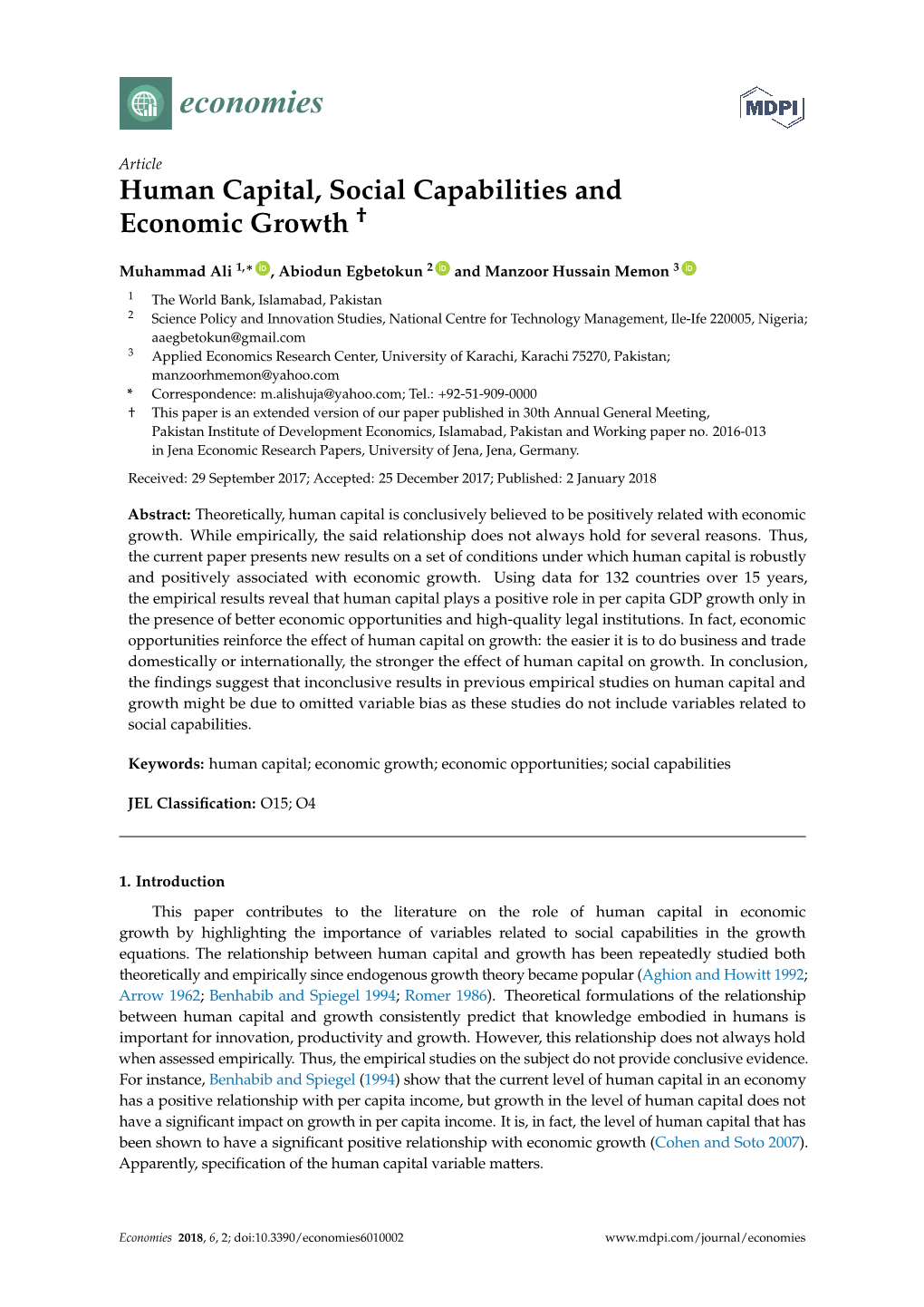 Human Capital, Social Capabilities and Economic Growth †