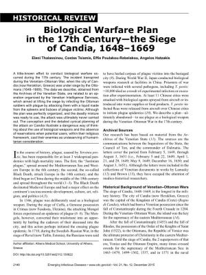 Biological Warfare Plan in the 17Th Century—The Siege of Candia, 1648–1669 Eleni Thalassinou, Costas Tsiamis, Effie Poulakou-Rebelakou, Angelos Hatzakis