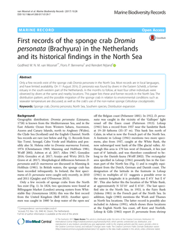 First Records of the Sponge Crab Dromia Personata (Brachyura) in the Netherlands and Its Historical Findings in the North Sea Godfried W