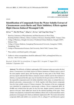 Identification of Compounds from the Water Soluble Extract of Cinnamomum Cassia Barks and Their Inhibitory Effects Against High-Glucose-Induced Mesangial Cells