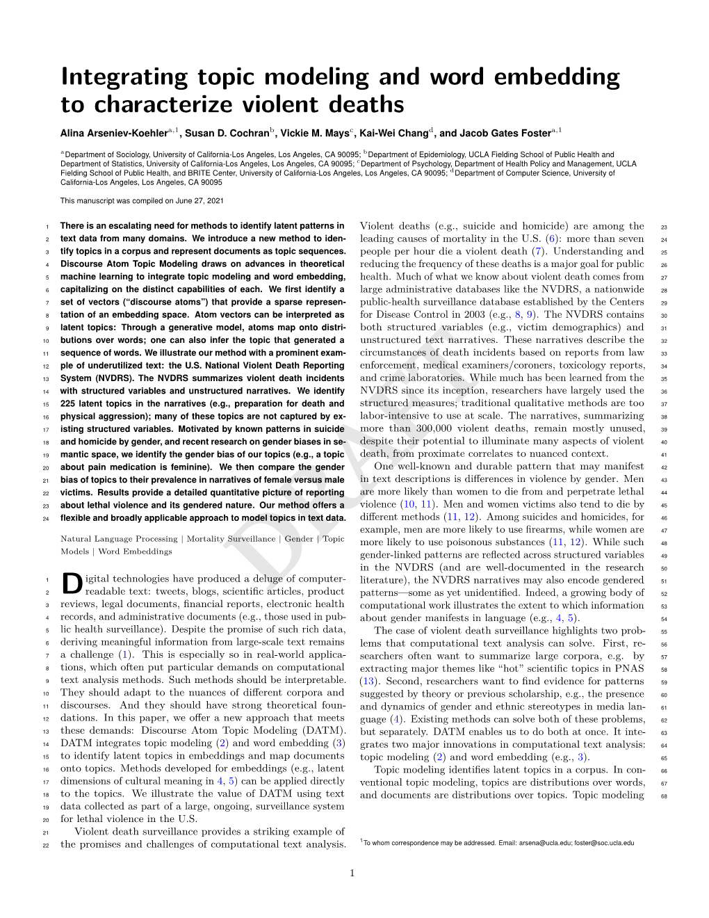 Integrating Topic Modeling and Word Embedding to Characterize Violent Deaths