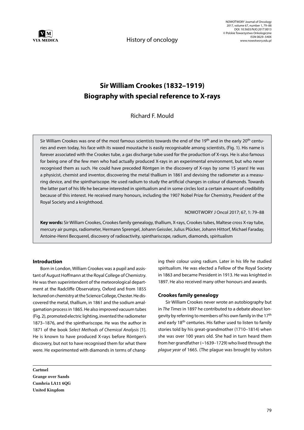 Sir William Crookes (1832–1919) Biography with Special Reference to X-Rays