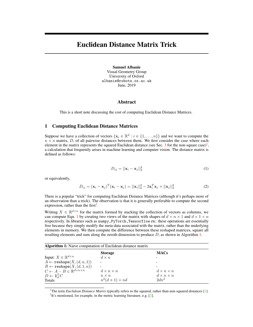 Euclidean Distance Matrix Trick